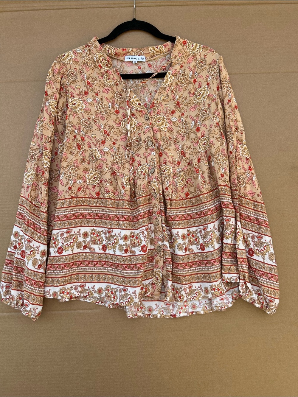 Elings Boho Floral Button-Up Blouse V Neck Lightweight Spring Tan Women's XL